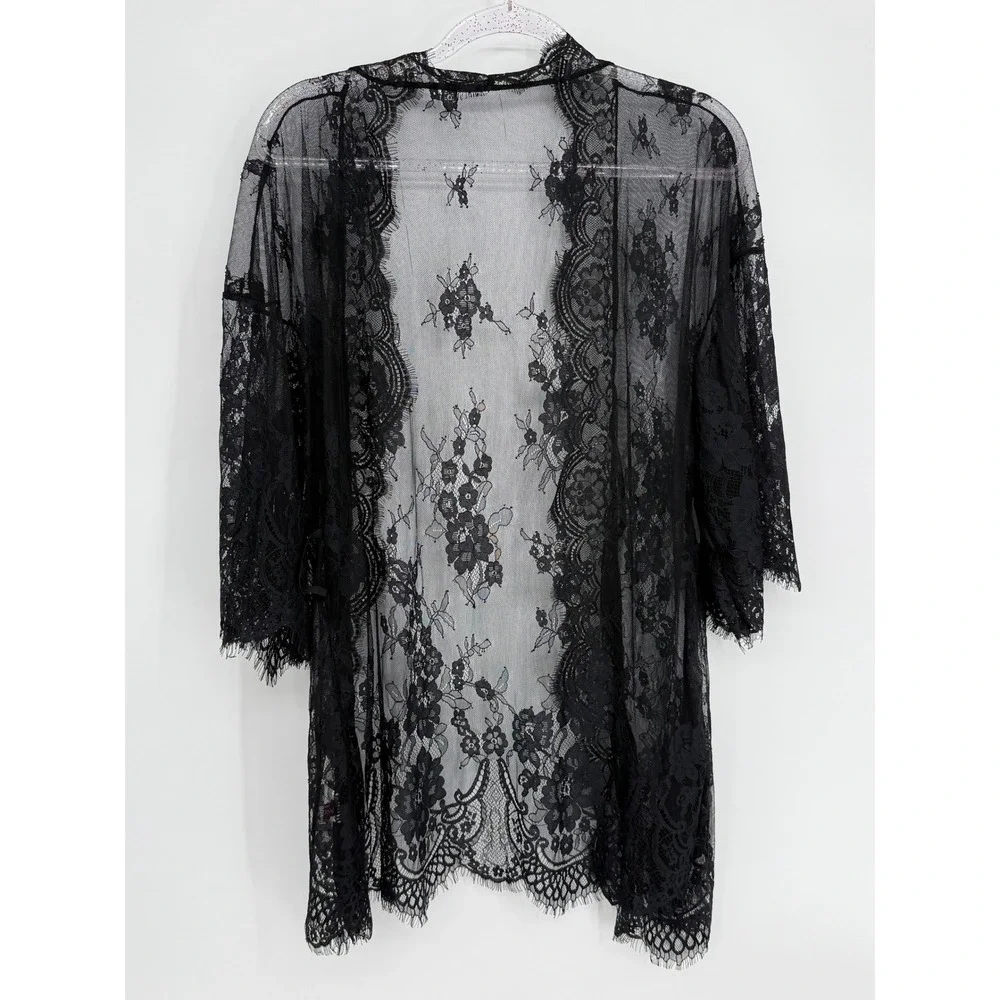 Avidlove Womens Black Floral Lace Sheer Kimono Robe Cover Up Eyelash Trim Sz M - Picture 4 of 9